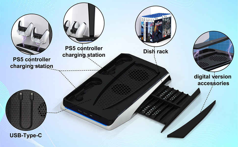 Black PS5 Stand with Cooling Fan and Dual Controller Charger Station